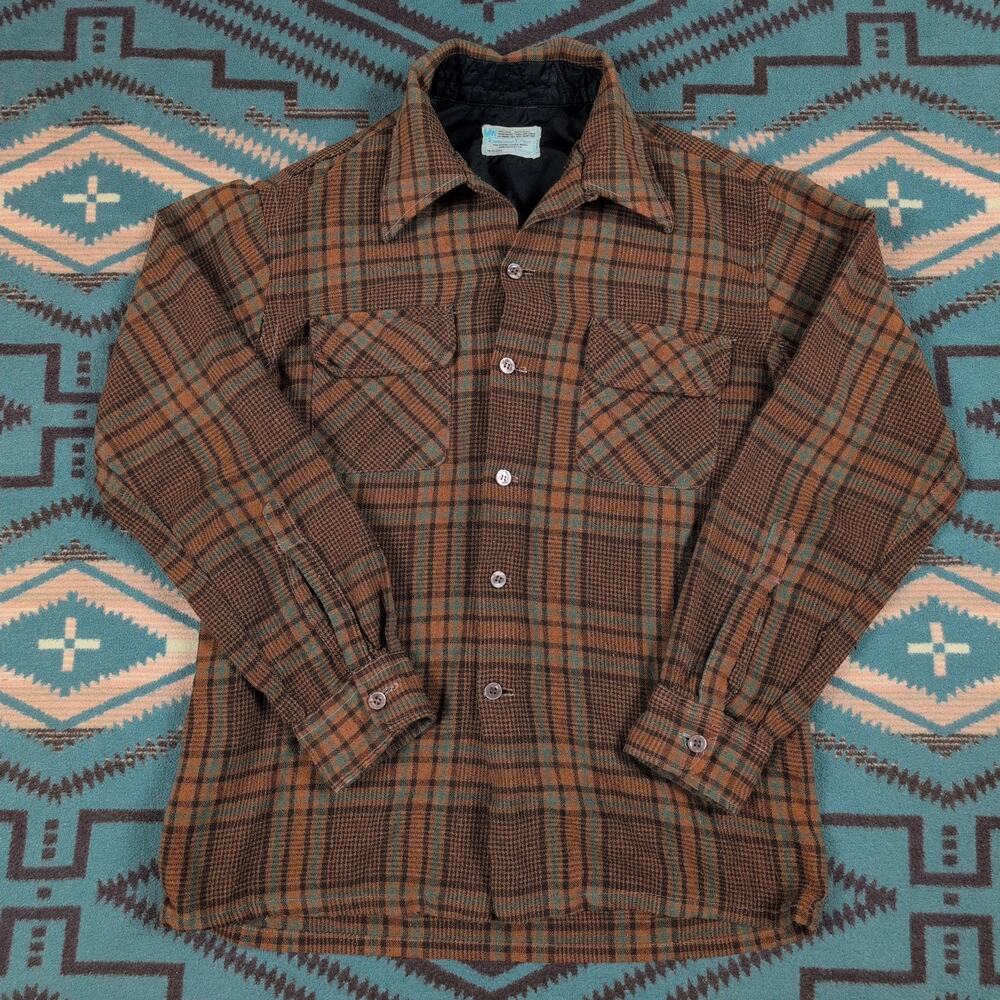 Vtg Towncraft Plus Wool Board Shirt Mens M Brown Plaid Loop Collar 70s JCPenney